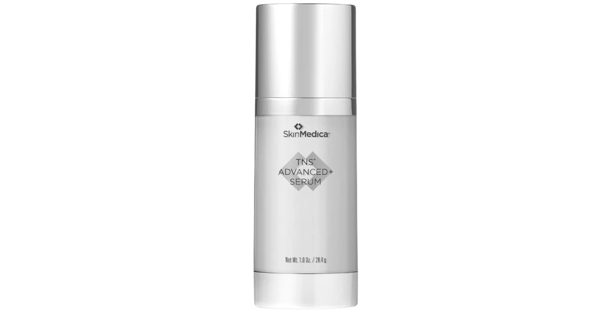 SkinMedica TNS Advanced+ Serum bottle and packaging showing the premium anti-aging serum
